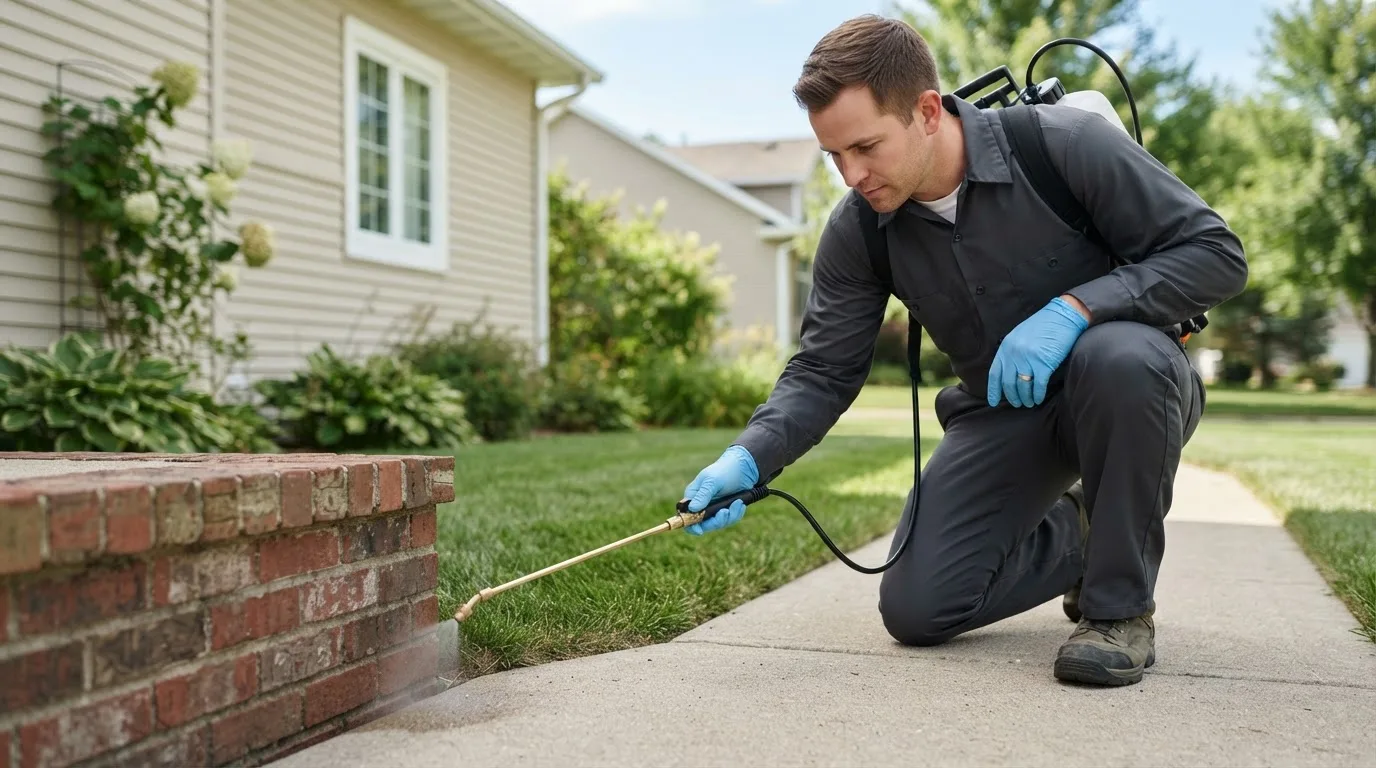 Pest control technician treating a home near North Chatham, MA
